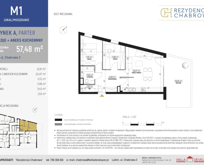 Plan mieszkania M1 – 3 pokoje z aneksem kuchennym, budynek A, parter, powierzchnia 57,48 m²