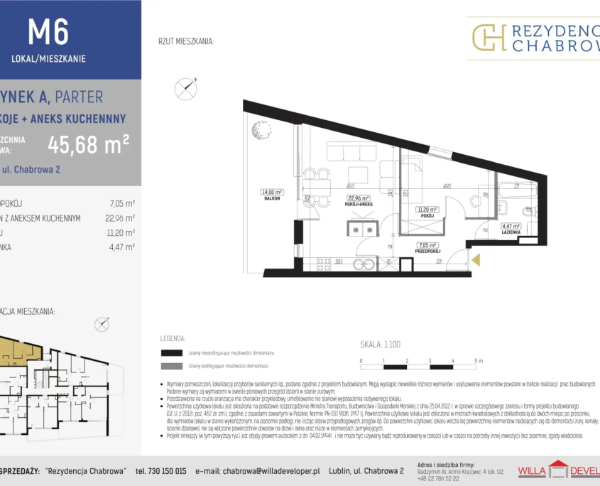 Plan mieszkania M6 – 2 pokoje z aneksem kuchennym, budynek A, parter, powierzchnia 45,68 m