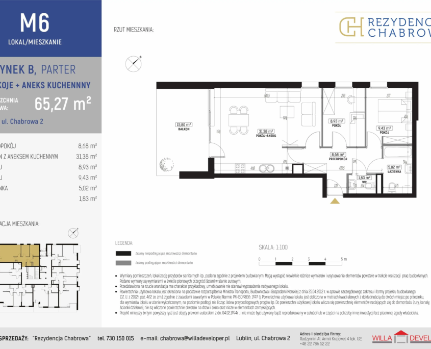 Plan mieszkania M6 – 3 pokoje z aneksem kuchennym, budynek B, parter – Rezydencja Chabrowa, Lublin